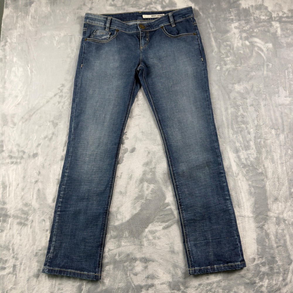DKNY Jeans Womens Size 12 Medium Wash Straight Leg Stretch Denim Blue Jeans